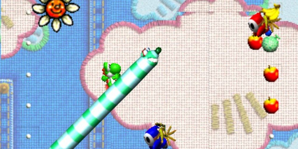 Yoshi rides a snake creature in the sky in Yoshi's Story