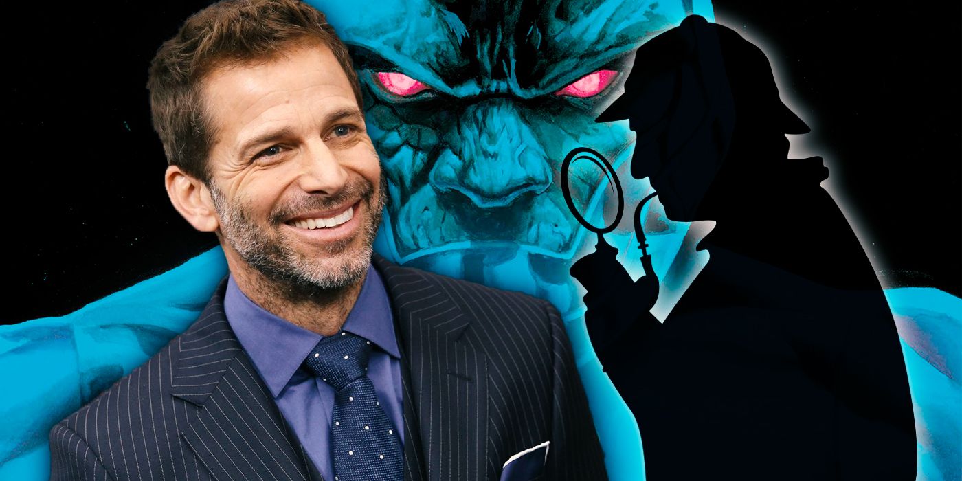 Zack Snyder alongside the shadow of an old-school detective while Darkseid looms over them