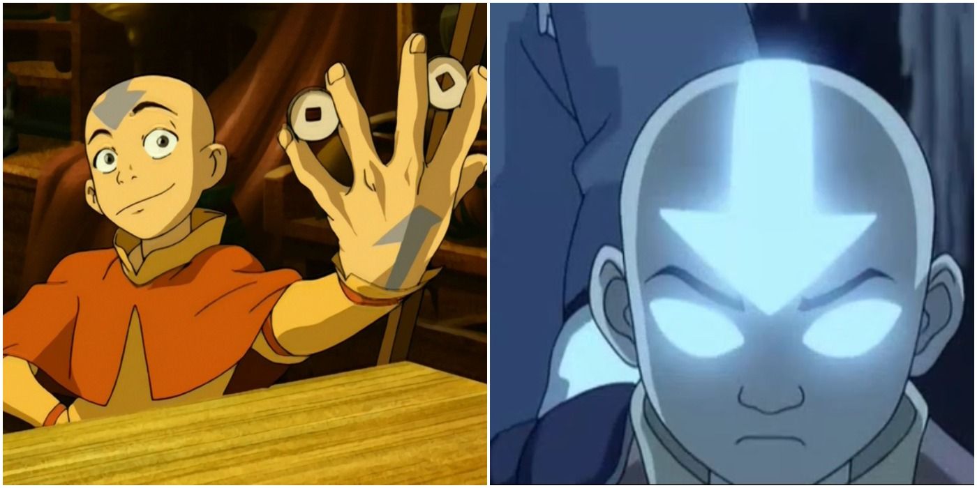 Aang with coins (left); Aang in Avatar State (right)
