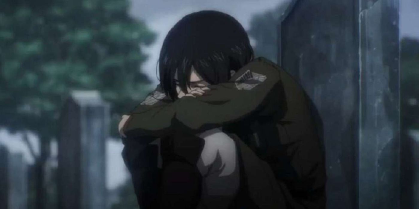 Mikasa crying at funeral 