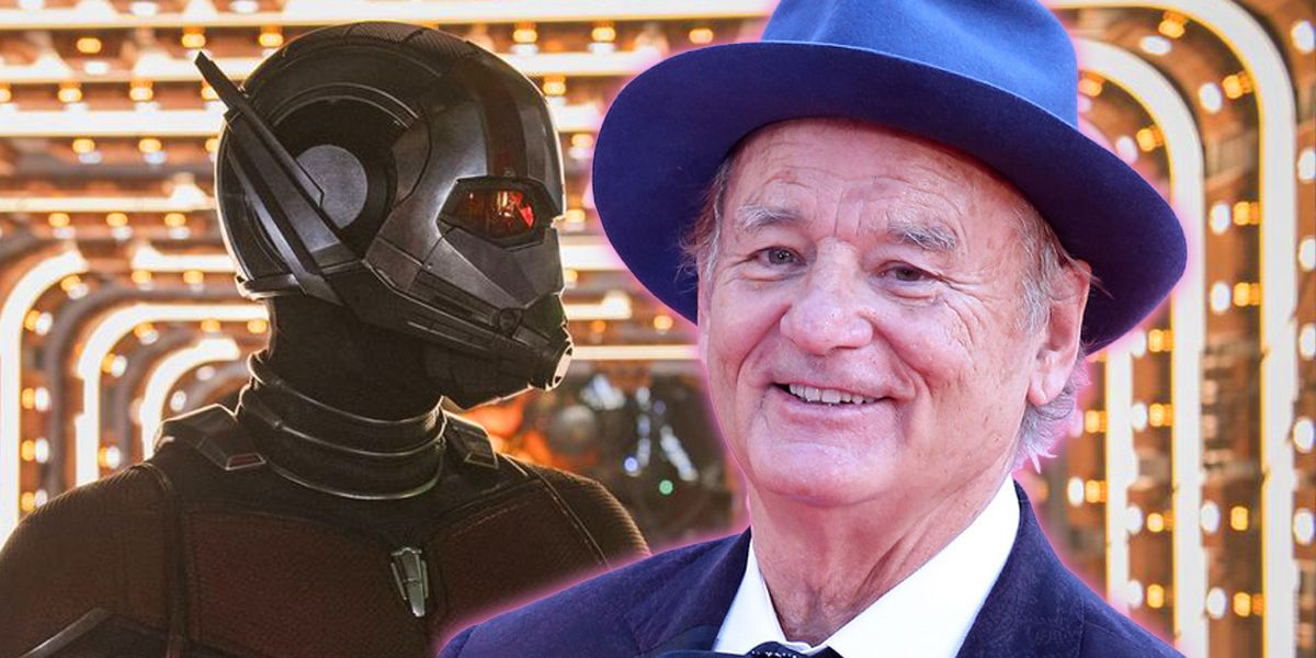Ant-Man in front of Quantum Tunnel and Bill Murray in hat with pink glow
