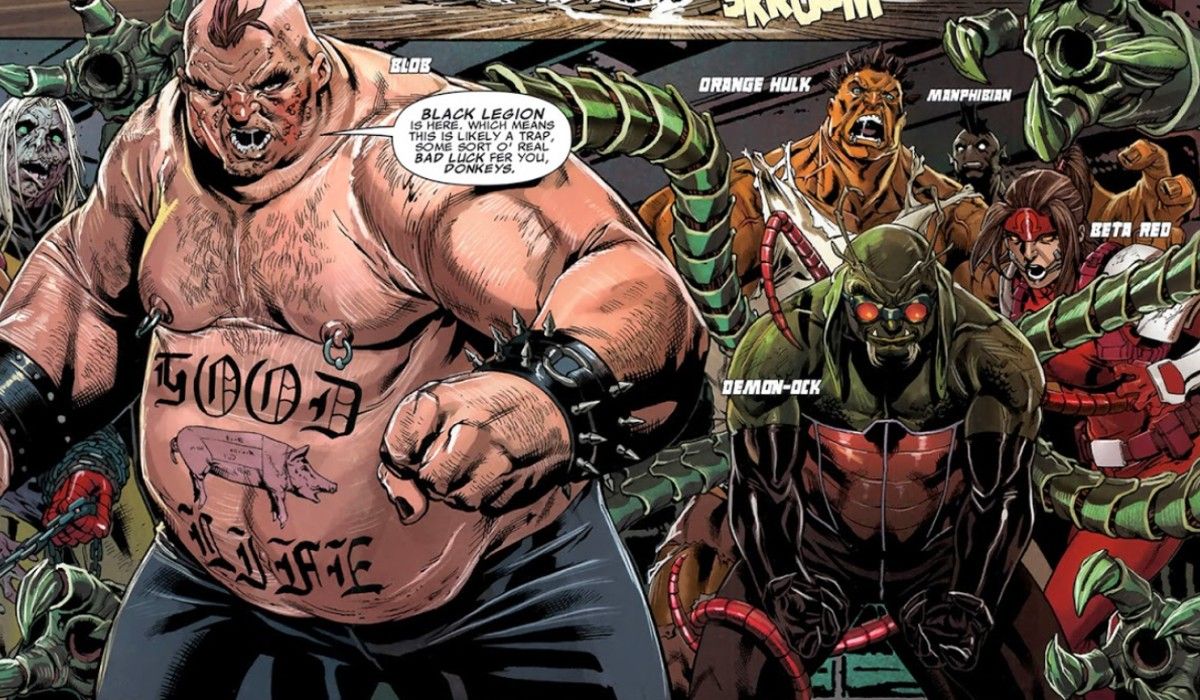 The Black Legion including Orange Hulk, Blob, Demon-Ock, Beta Red, and Manphibian