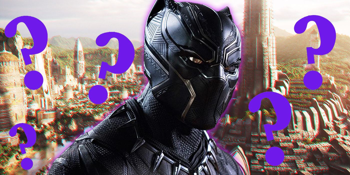 black panther over wakanda image with purple question marks floating around