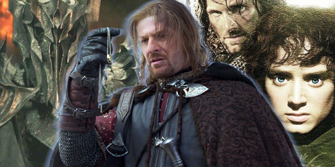 Boromir looking at the One Ring behind images of Sauron, Frodo and Aragorn