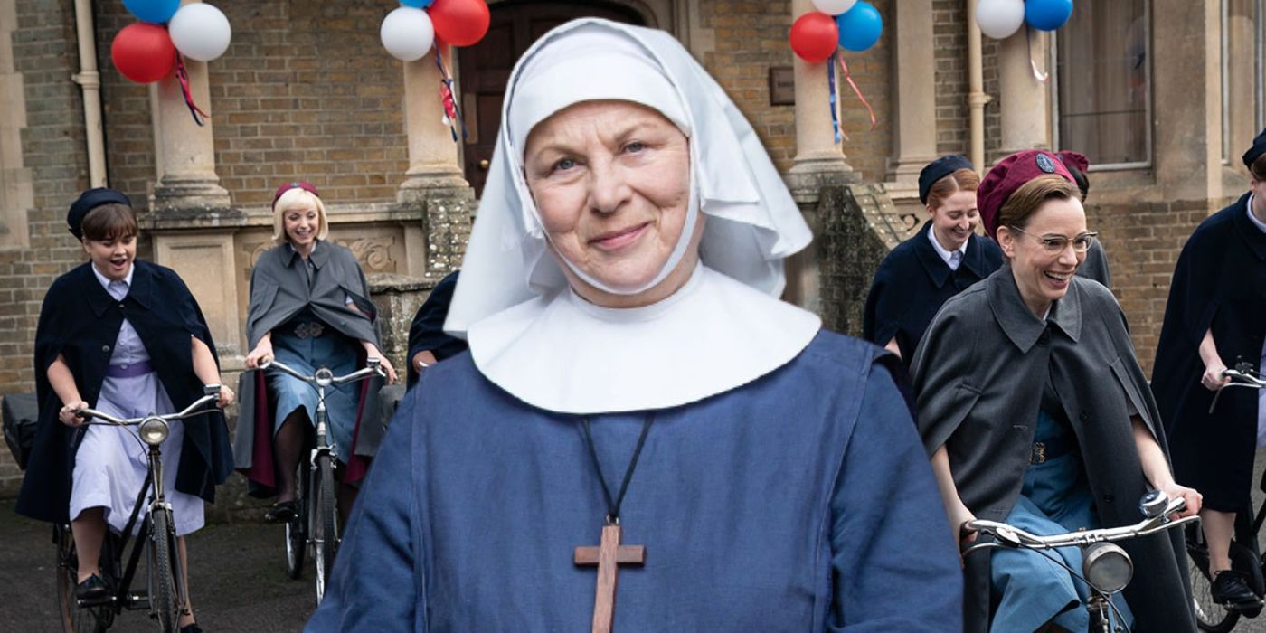 Sister Evangelina in front of women riding bicycles in Call the Midwife