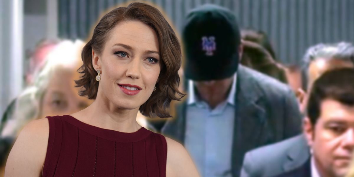 Carrie Coon over image of Ben Affleck in Mets hat from Gone Girl