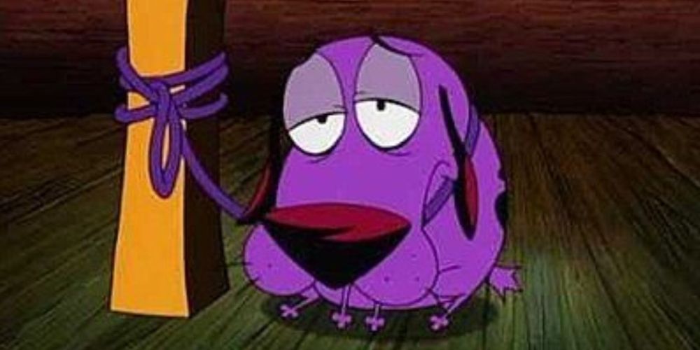 Courage from Courage the Cowardly Dog tied up to a pole with a sad look on his face
