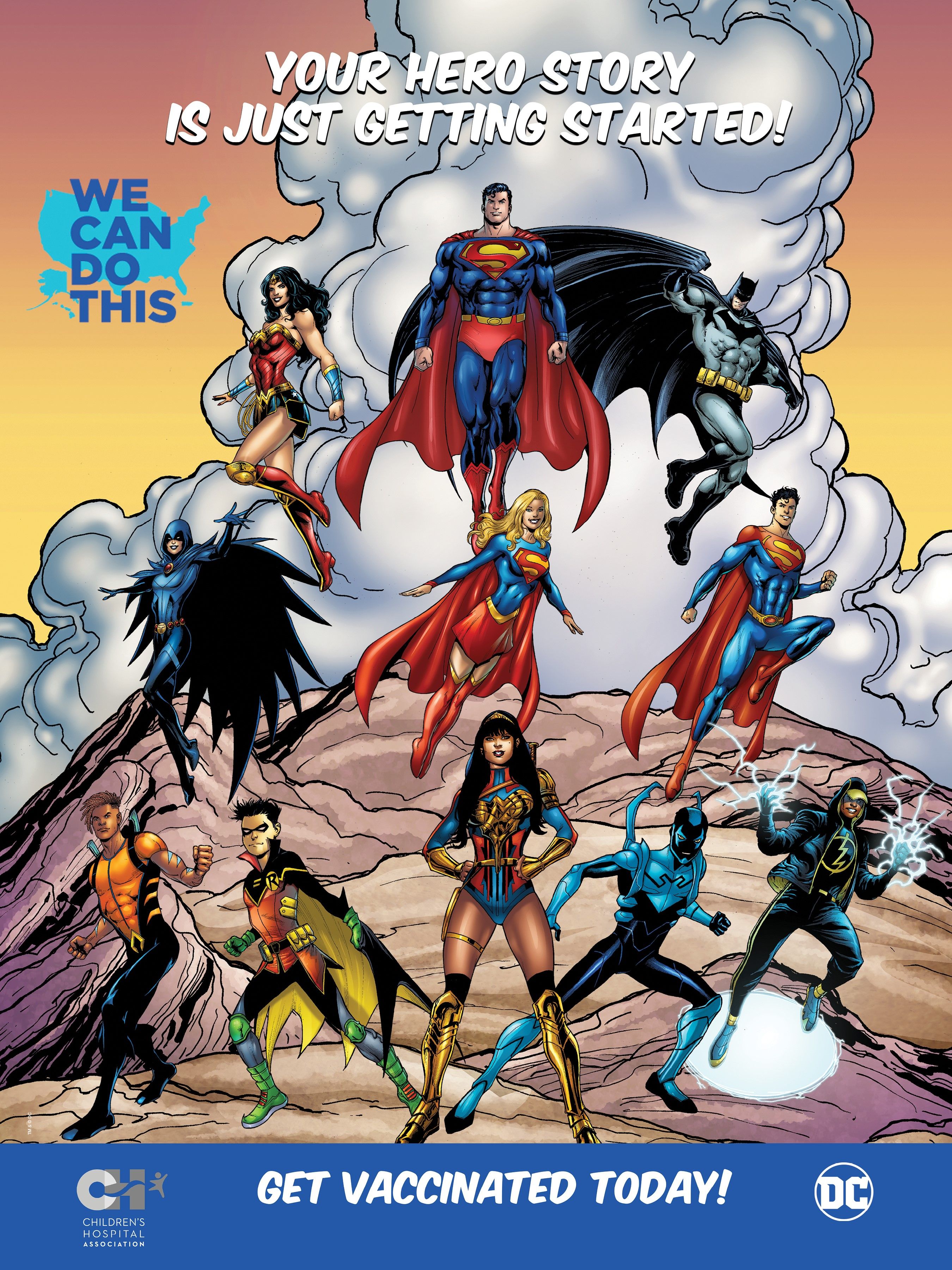 DC Super Heroes poster promoting vaccinations for children, for Children's Hospitals