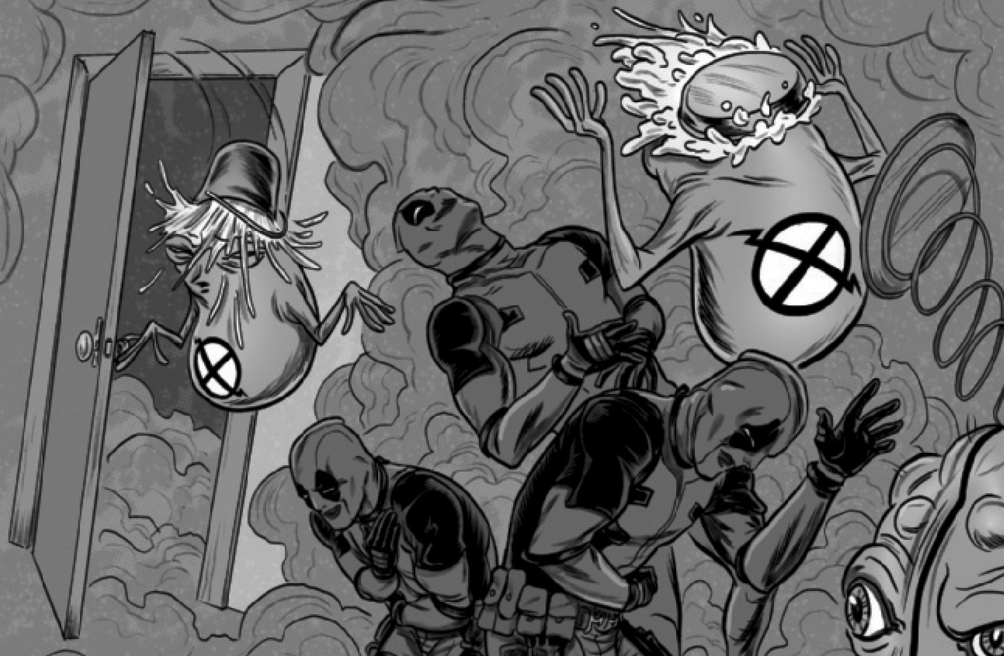 deadpool dunks water on doop's head and throws pie in his face