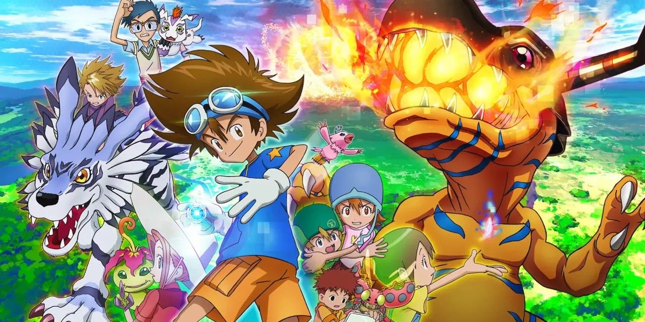 Taichi and the Digidestined pose with Greymon and other Digimon partners