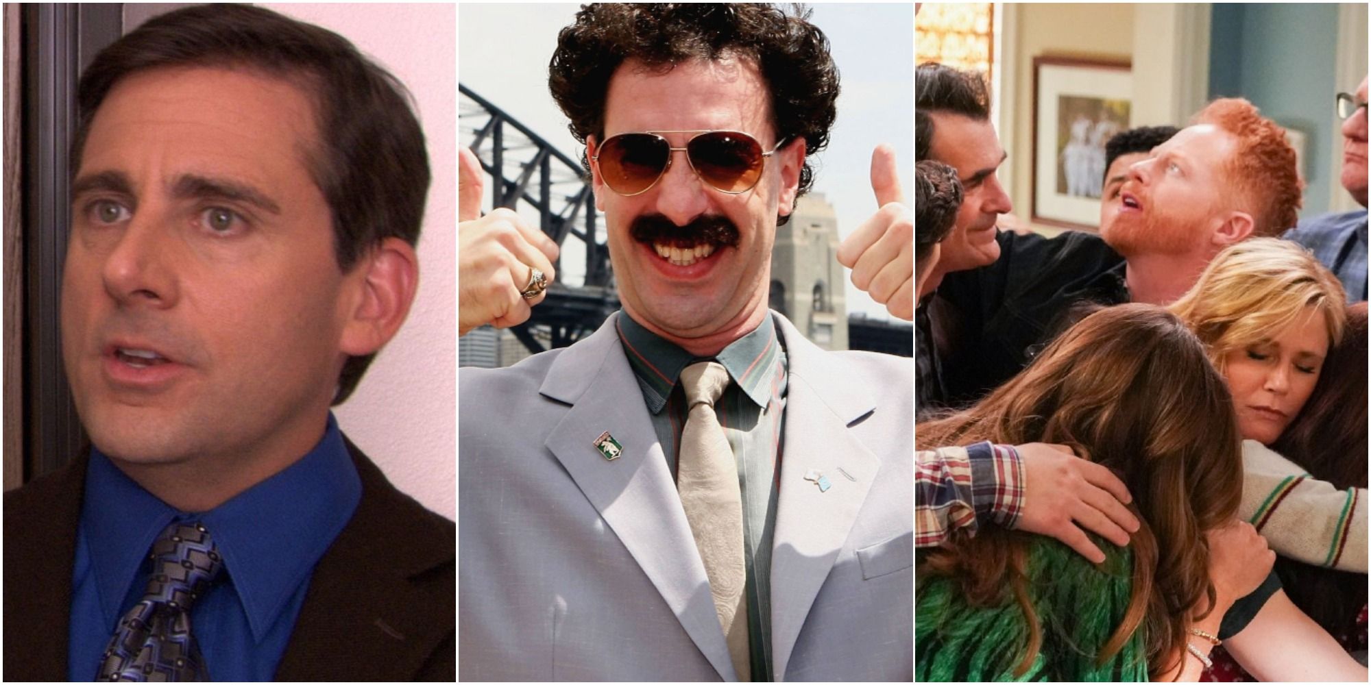 stills from The Office, Borat, and Modern Family