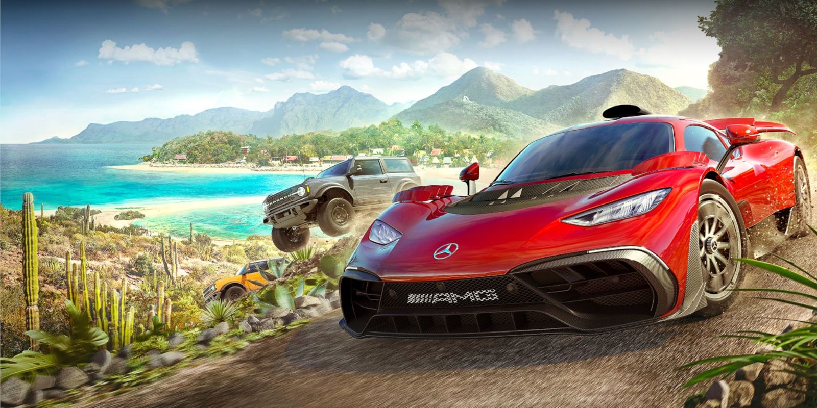 Box art for Forza Horizon 5 showing two cars on the road