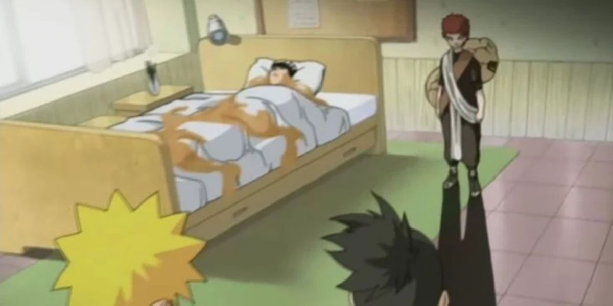 Naruto and Shikamaru stop Gaara from killing Rock Lee in Naruto.