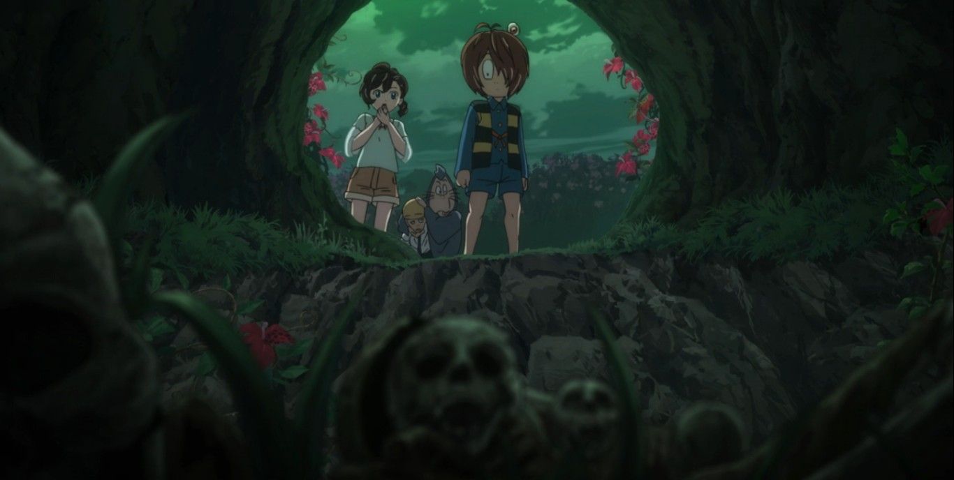 Kitaro, Mana, Neko Musume and Nezumi Otoko discover skulls from soldiers
