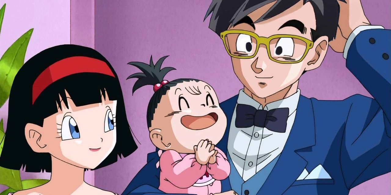 Anime Gohan with his wife Videl and daughter Pan in Dragon Ball Super