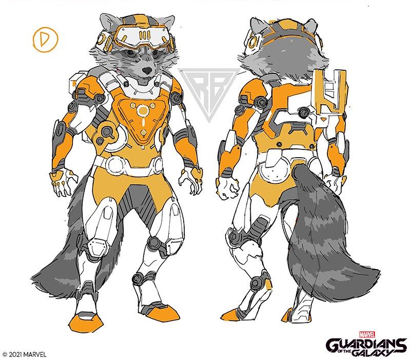 concept art for rocket's golden guardian outfit