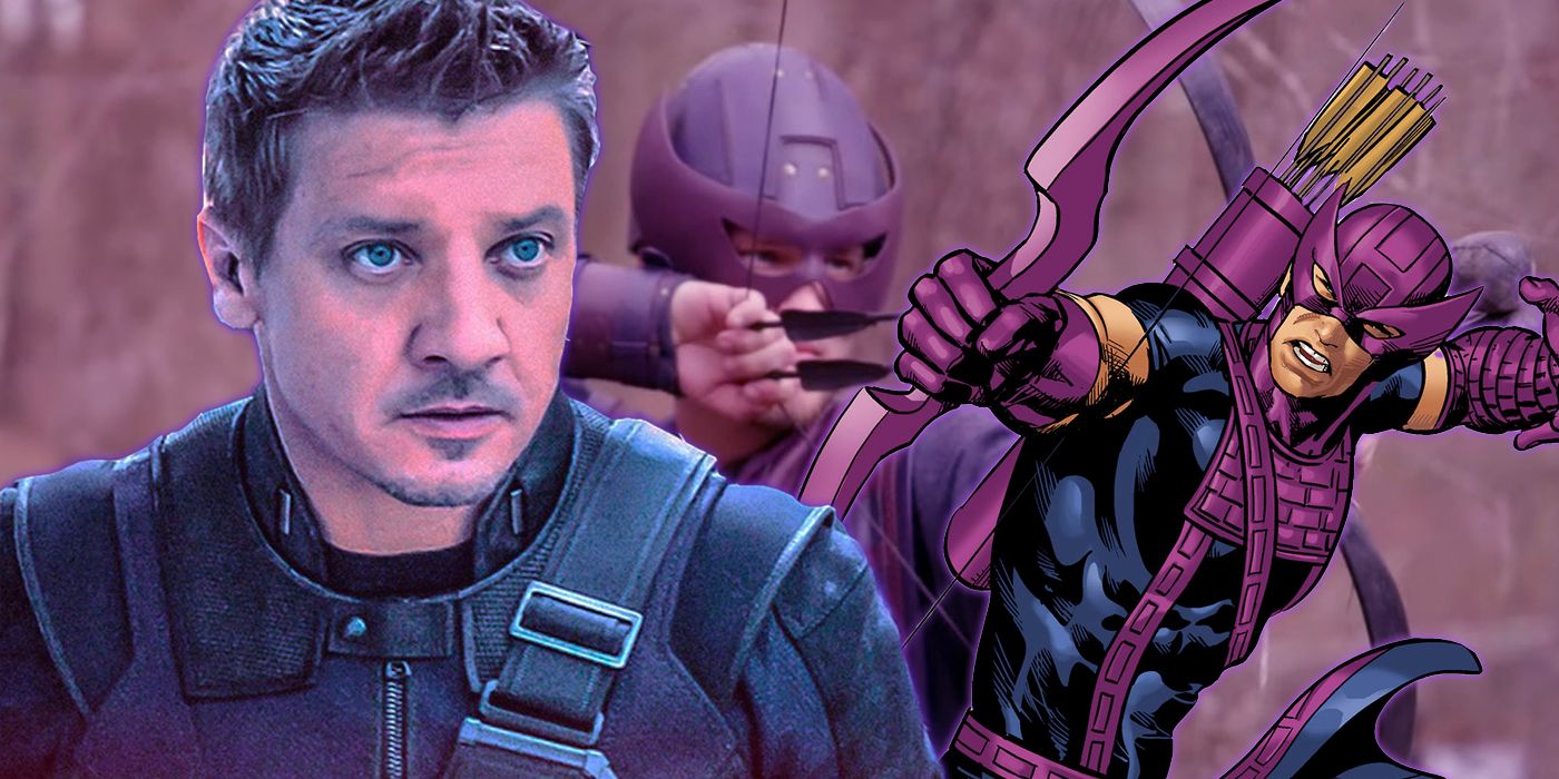 Jeremy Renner as Hawkeye next to LARPer in classi costume and comic book character