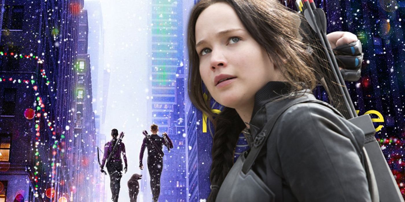 Katniss from Hunger Games over a Hawkeye poster