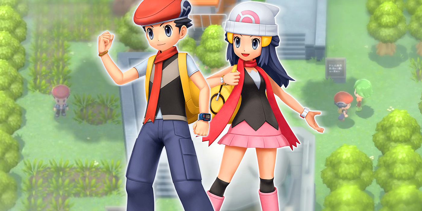 Trainers from Pokémon Brilliant Diamond and Shining Pearl over images of the Sinnoh Great Marsh