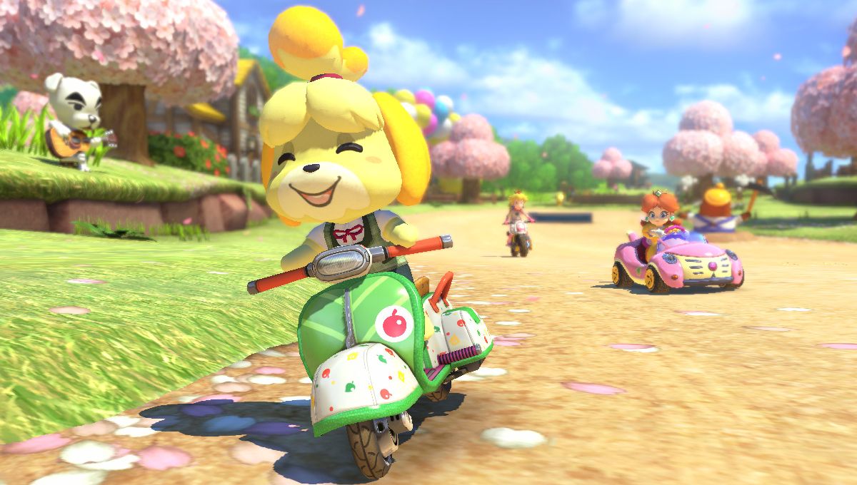 Isabelle driving a scooter around the Animal Crossing map in Mario Kart 8