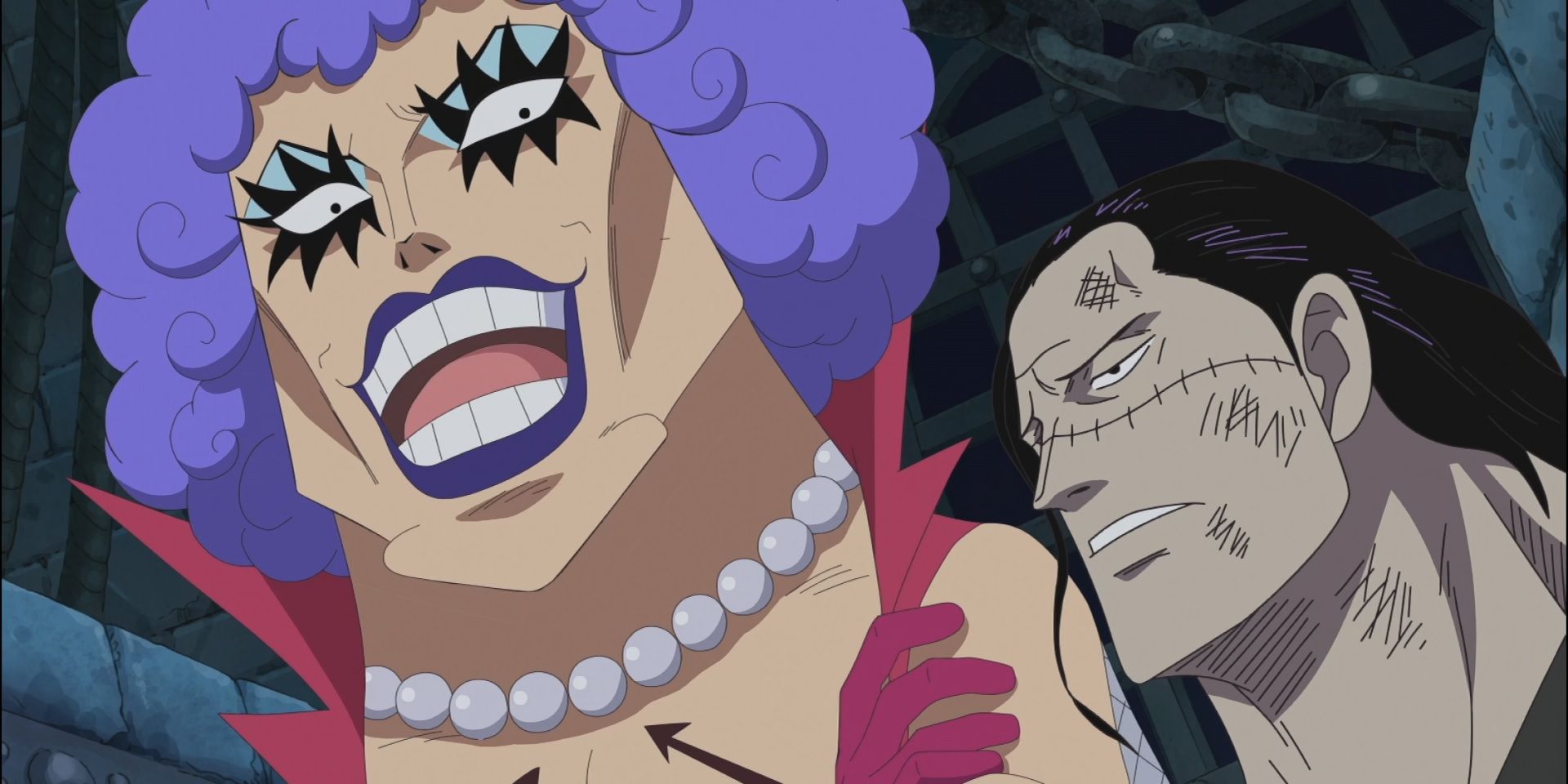 Ivankov grins and Crocodile groans as they stand next to each other in One Piece anime.