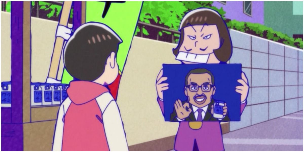 iyami from mr osomatsu smirking and holding up a sign promoting sake