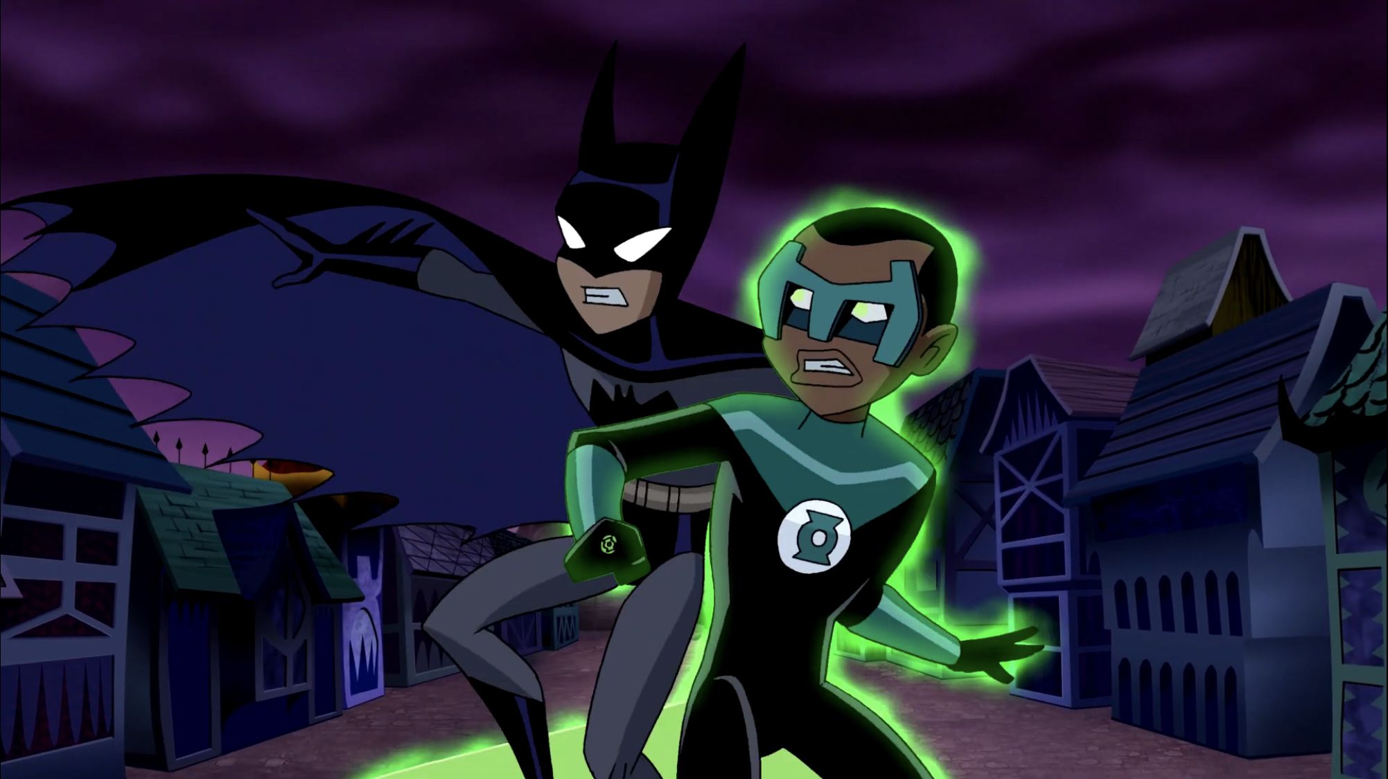 Batman and John Stewart in the Justice League Unlimited episode Kids Stuff