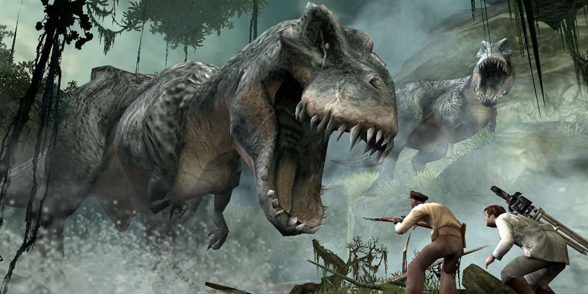 T-Rexes menacing humans in the Peter Jackson's King Kong: The Game of the Movie