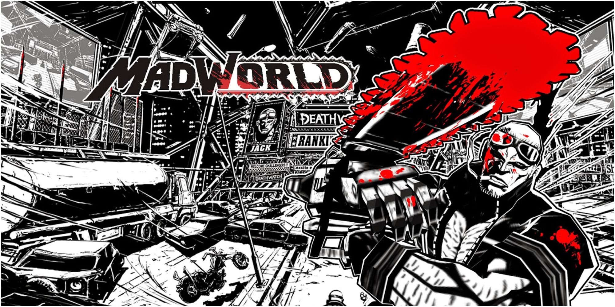 main character in madworld holding a bloody chainsaw