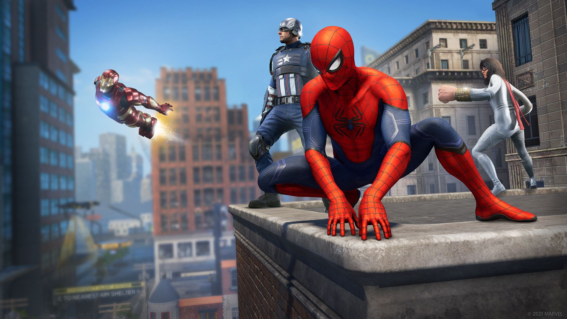 Spider-Man perches on a ledge with the rest of The Avengers.