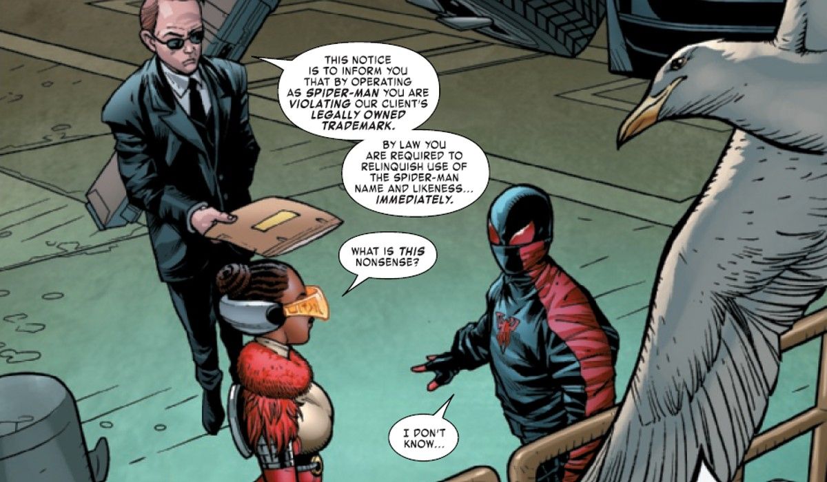 Miles Morales being served legal papers in Miles Morales: Spider-Man #32