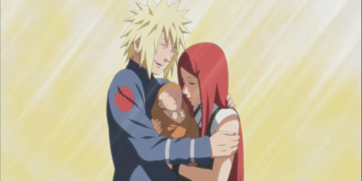 bebê Naruto sendo segurado por seus pais Minato e Kushina