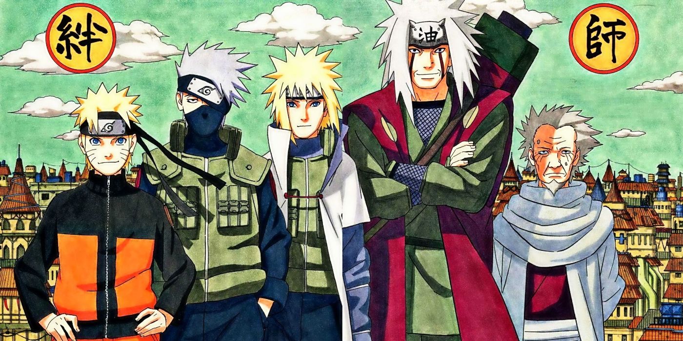 Naruto, Kakashi, Minato, Jiraiya, and third hokage standing together