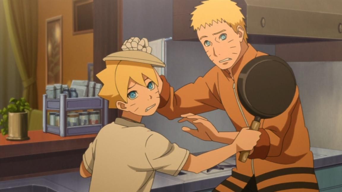 Naruto and Boruto Holding Pots and Pans