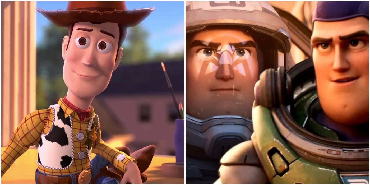 Split Image Of Woody In Toy Story And Of Buzz Lightyear In Pixar's Lightyear