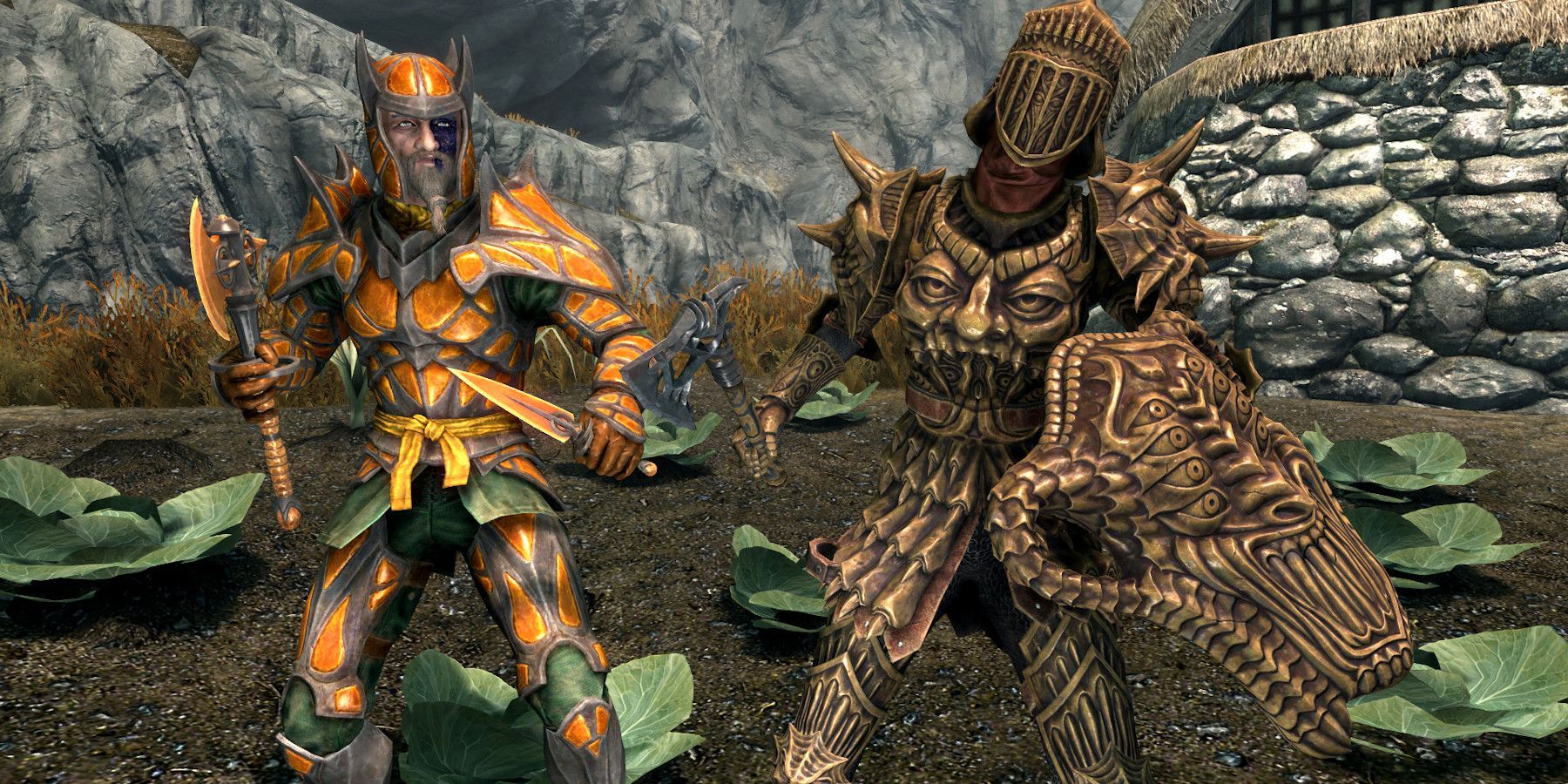 Skyrim Saints and Seducers armored foes in a lettuce field