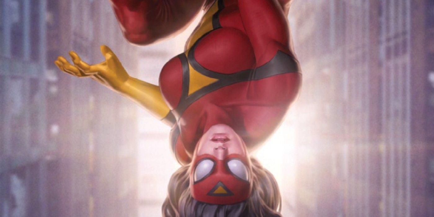 Spider-Woman hanging upside down