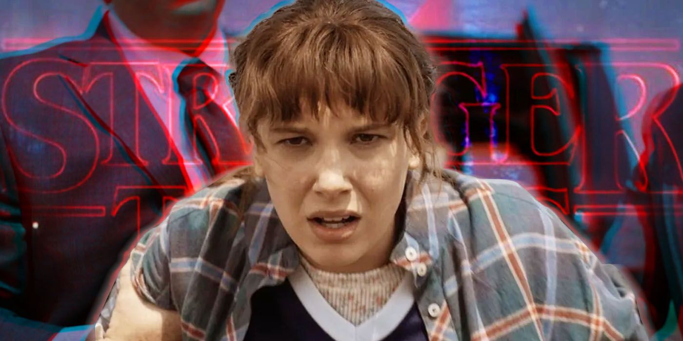 A Stranger Thing logo is behind Eleven as she is held by unknown agents.