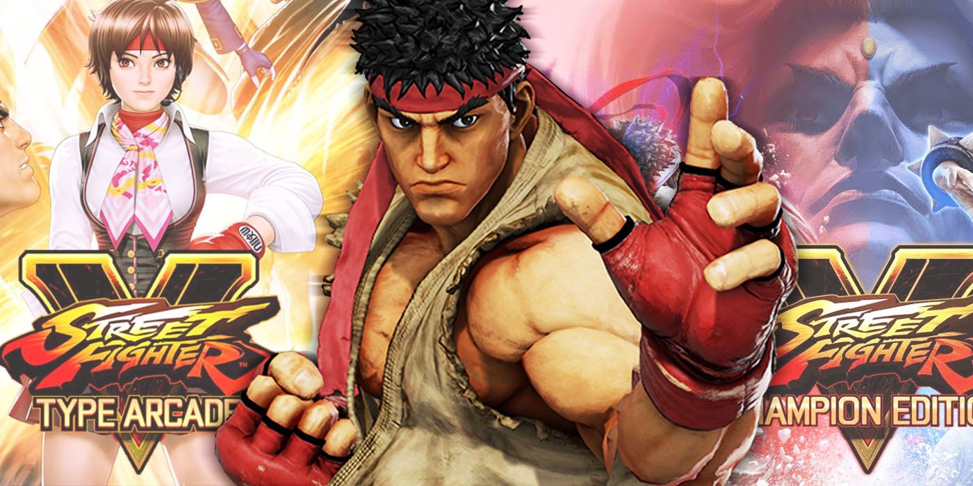 A image featuring different versions of Street Fighter V.
