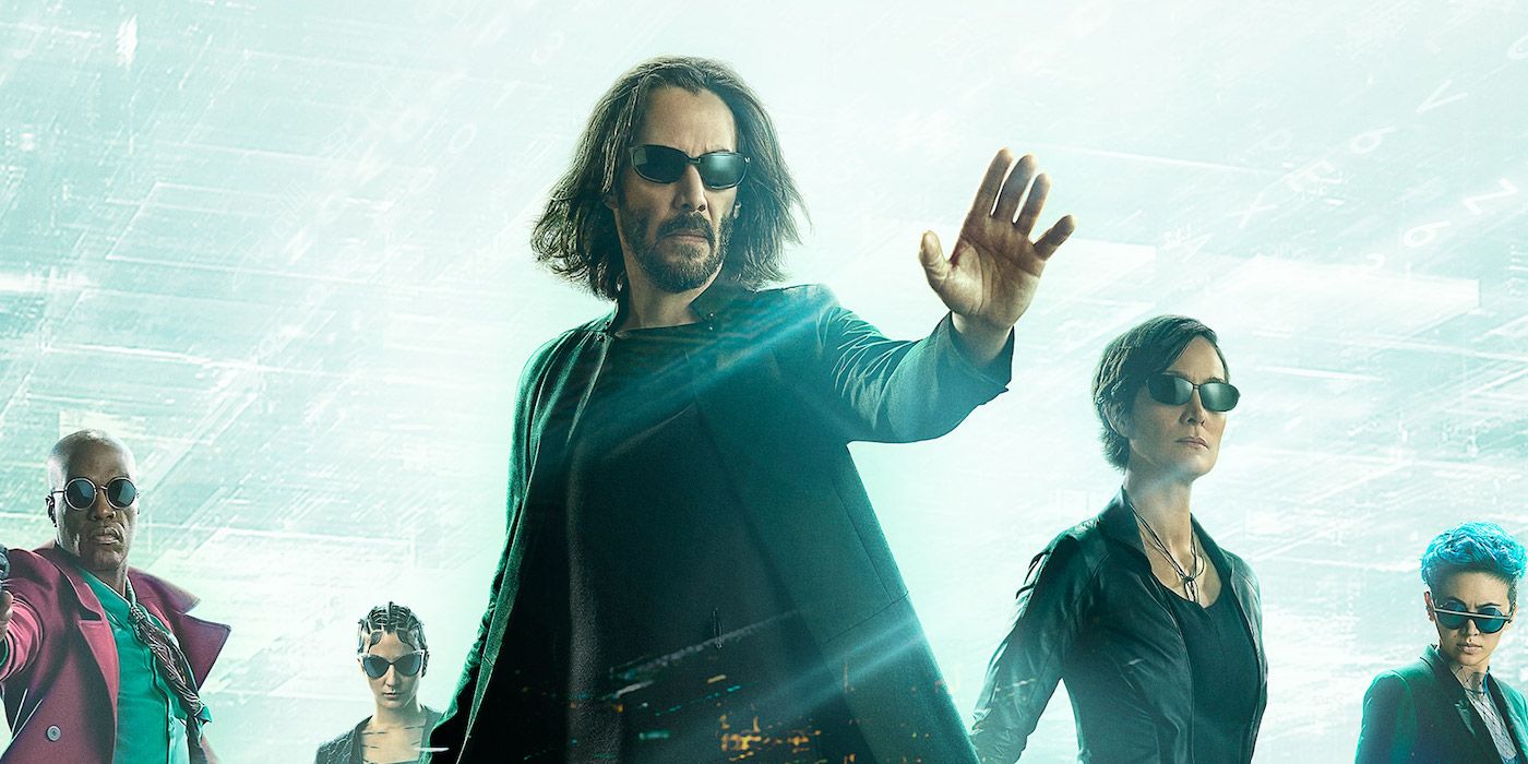 Neo and Trinity with Morpheus and two new characters on Matrix Resurrections poster