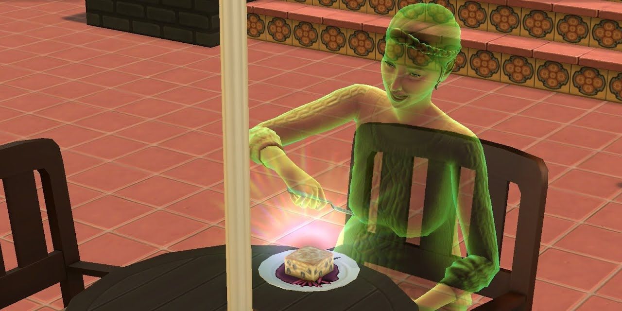 A ghost Sim eating ambrosia in The Sims 4