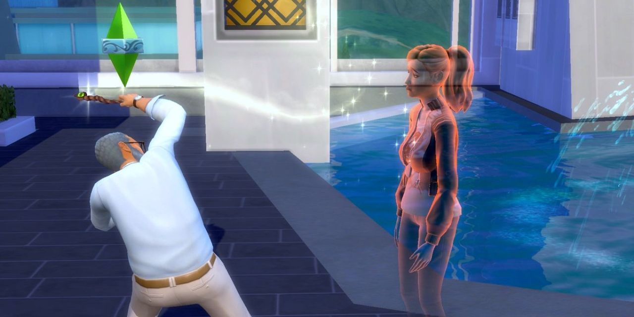 A Sim in The Sims 4 casting a spell on a ghost