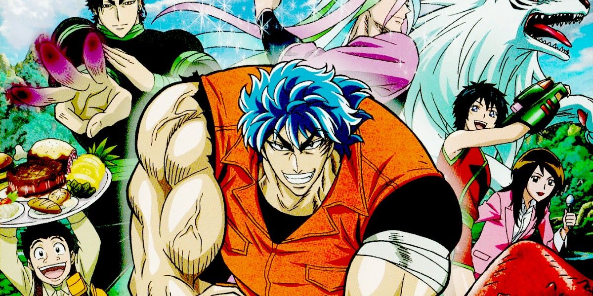 Toriko grinning in front of a crowd of supporting characters