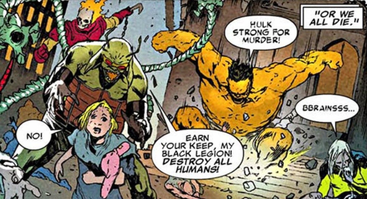 The Orange Hulk and the rest of the Black Legion as seen in the pages of Uncanny X-Force 19.1