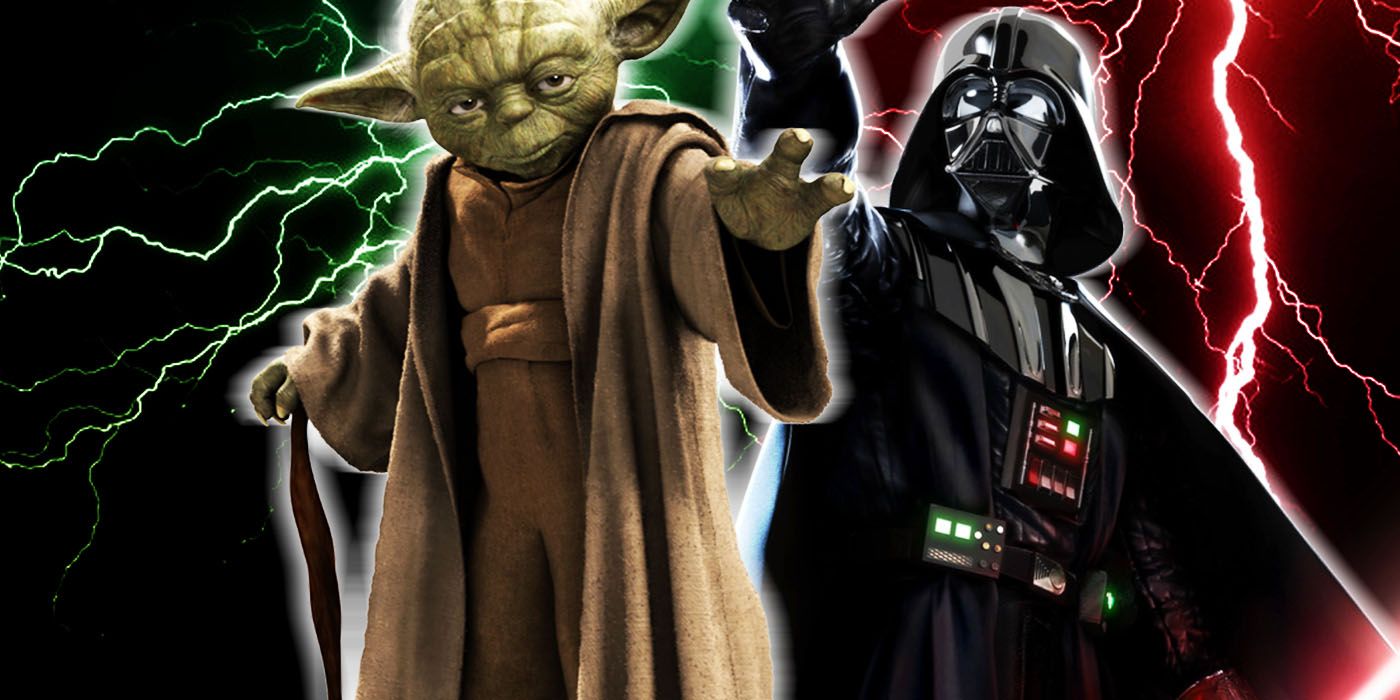 A side by side image of Yoda and Darth Vader
