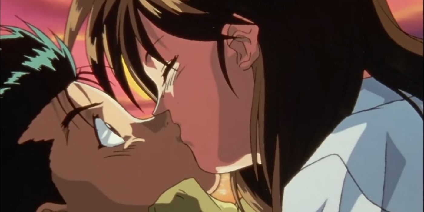 Yusuke and Keiko kissing in Yu Yu Hakusho.