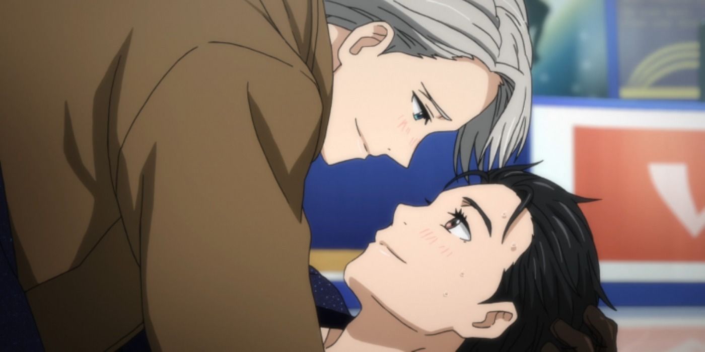 Victor and Yuuri from Yuri on Ice smiling at each other