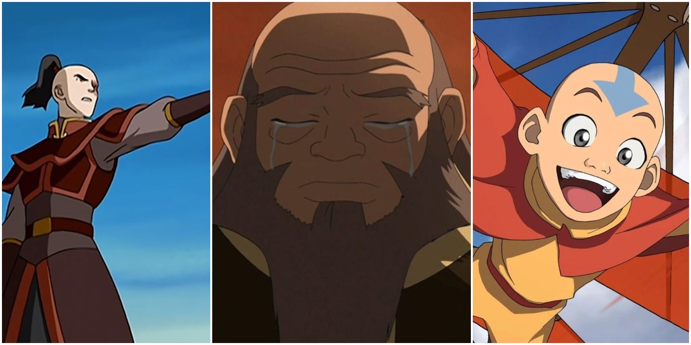 Zuko pointing (left); Iroh Crying (center); Aang gliding (right)