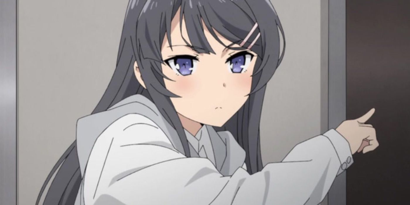 mai sakurajima pointing toward the doorway in rascal does not dream of bunny girl senpai