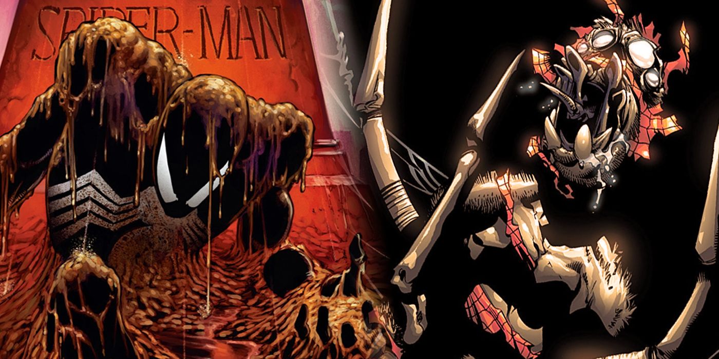 Spider-Man crawling from a grave and turning into a monster split image